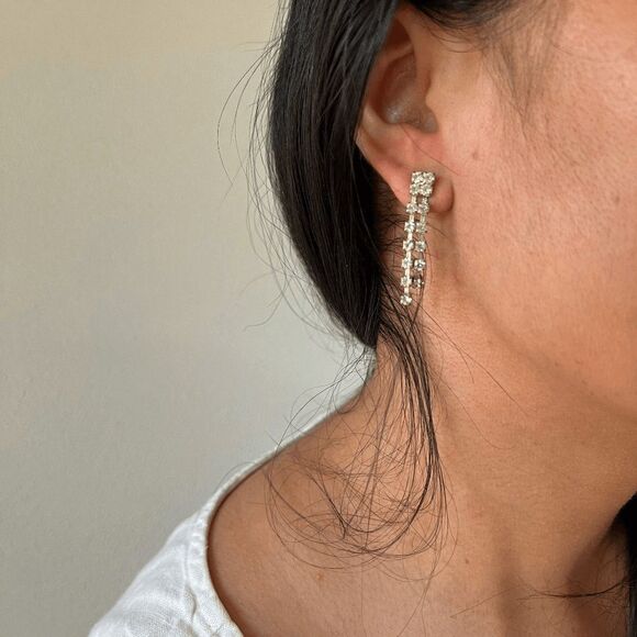 vtg 60s rhinestone pierced dangle earrings shiny delicate feminine romantic glam - Picture 5 of 7